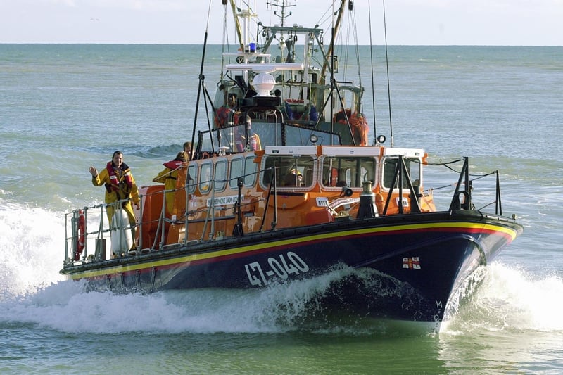 Shoreham's Tyne class lifeboat Hermione Lady Colwyn at sea in June 2005. The lifeboat went into service in 1990, having been provided by the Shoreham Harbour Lifeboat Appeal, together with other gifts and legacies.