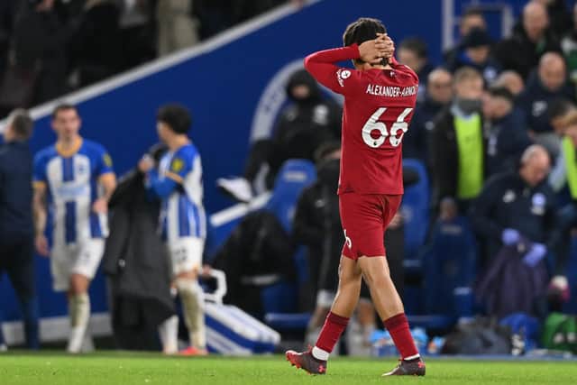Trent Alexander-Arnold scored a 3 in our player ratings after Liverpool were beaten by Brighton (Photo by GLYN KIRK/AFP via Getty Images)