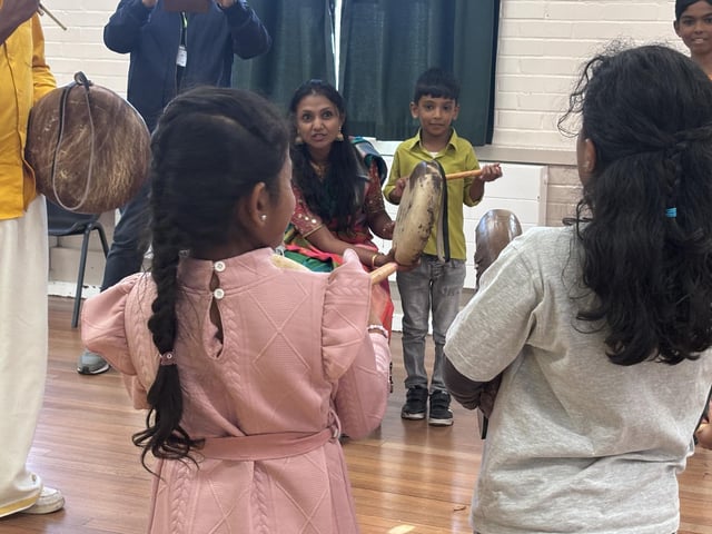 Children and adults came together in Crawley to discover the powerful rhythms of Parai, a traditional Tamil drumming art form, at a community workshop organised by Aurvi Collective