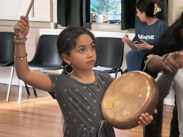 Children and adults came together in Crawley to discover the powerful rhythms of Parai, a traditional Tamil drumming art form, at a community workshop organised by Aurvi Collective