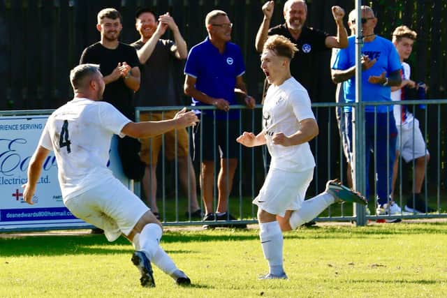 Eastbourne United celebrate the goal that beat Epsom and Ewell and set up their tie with Berkhamsted | Picture: Joe Knight