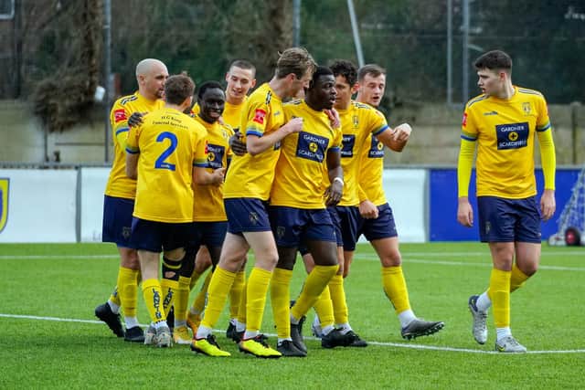 Lancing celebrate a goal against Haywards Heath | Picture: Ray Turner
