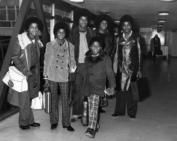Michael Jackson and his brothers, Jackie, Tito, Marlon and Jermaine - the Jackson Five, at Heathrow Airport.   (Photo by George Stroud/Getty Images)