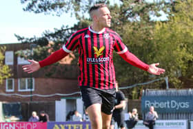 Joe Taylor celebrates a goal for Lewes at Bognor last season - but has now moved to Ramsgate | Picture: James Boyes