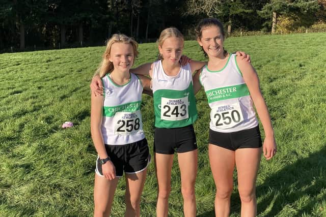 Chichester Runners’ under-15 girls at Ardingly – from left, Carrie Anelay, Molly Smothers and Ela Pemberton