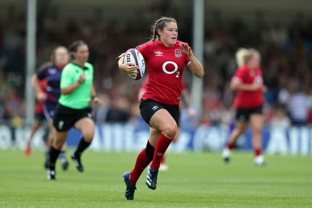 Jess Breach breaks clear to score her first and England's second try during the international match between England Red Roses and USA at Sandy Park earlier this month | Photo by David Rogers/Getty Images