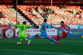 Louis Flower scores Crawley's first goal against Fleetwood Town, set up buy Josh Flint's marauding run | Picture: Grant Mansfield/Mansfield Media