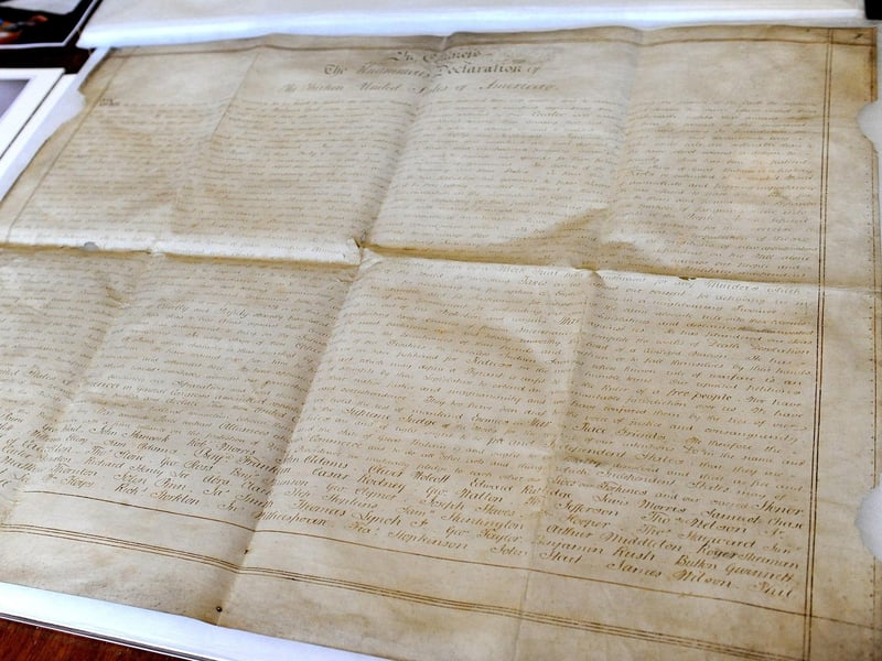 The Sussex Declaration was laid out in the entrance lobby of the historic building, complete with pictures of the research process undertaken by archivists to verify the document as one of only two ceremonial parchment copies in the world of the American Declaration of Independence.