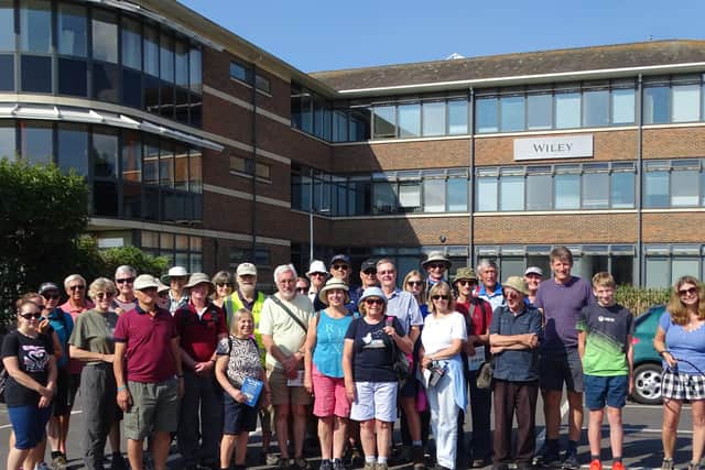 All aboard: nearly 30 walkers gathered near Chichester station on Saturday for the Selsey Tram Way heritage walk from the city to East Beach in Selsey via Hunston and Sidlesham