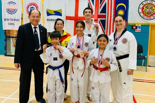 Left to right: (back row) Grandmaster T.K.Loh (chief instructor) Dr. Chantal Lew (club instructor) Teodor and Andreia ; (front row) Rhys, Nia and Sian.