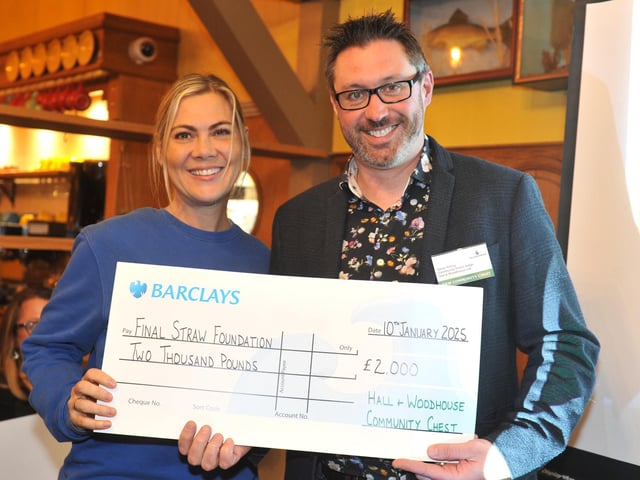 Final Straw Foundation founder Bianca Carr with judge Steve Young, receiving £2,000 to purchase specialist equipment to instantly identify plastic items