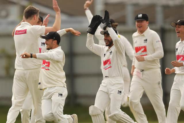 Roffey players celebrate taking a Bognor wicket - Bognor were all out for 76 and Roffey won by twn wickets | Picture: Chris Hatton
