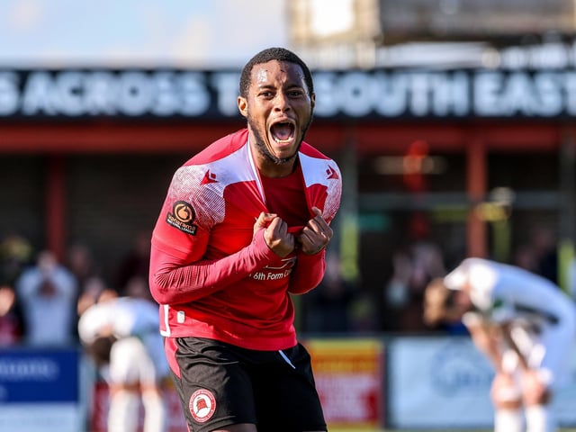 Action from Eastbourne Borough's National South win ovder Dartford at Priory Lane