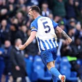 Ten men Brighton and Hove Albion rescued a point in a 1-1 Premier League home draw against Everton at home through captain Lewis Dunk. (Photo by Warren Little/Getty Images)