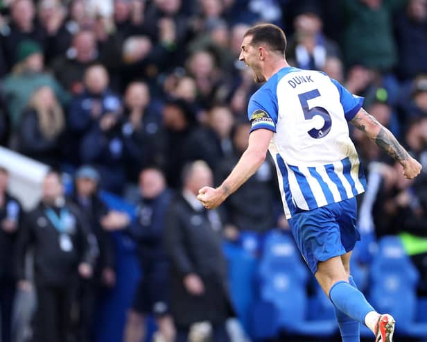 Ten men Brighton and Hove Albion rescued a point in a 1-1 Premier League home draw against Everton at home through captain Lewis Dunk. (Photo by Warren Little/Getty Images)