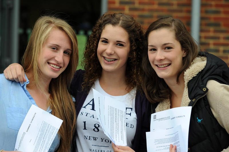 JPMT. A level students at Central Sussex College receive their results. Jess Main, Izzy Minter and Georgie Minter