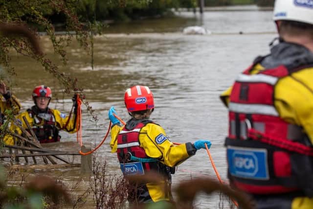 Urgent advice has been issued to animal owners to keep pets, livestock and wildlife safe after widespread flooding. Picture shows members of RSPCA water rescue team who were deployed to try and rescue two horses that were trapped in flood water. Photo: Emma Jacobs