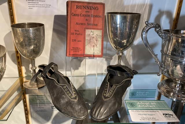 The running shoes of legendary world champion Horsham runner Alfred Shrubb. Photo: Horsham Museum
