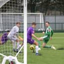Burgess Hill Town concede one of their three goals against Chichester City on Saturday | Picture: Neil Holmes
