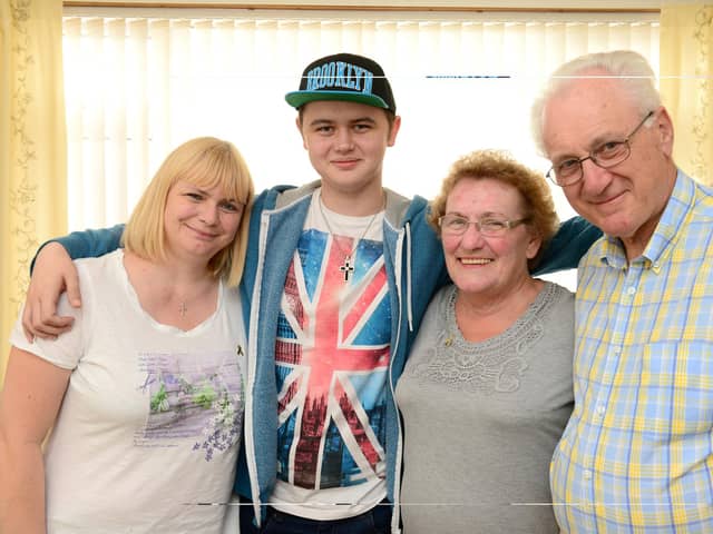 Charlie Hilton with mum Lynda and grandparents David and Pam Hilton in September 2014, before his cruise to Italy. Picture: Derek Martin / Iconic Media Group