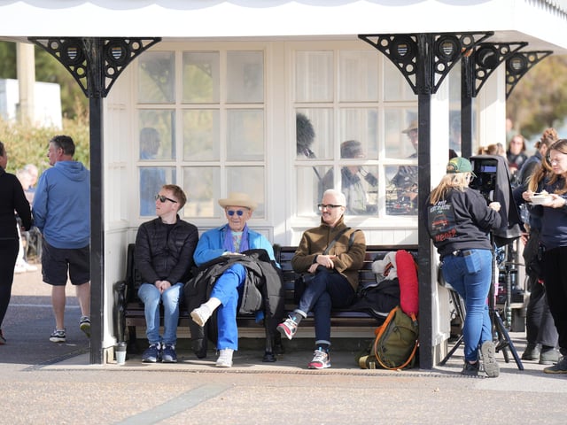 Sir Ian McKellen and Roger Allam were spotted filing together on Worthing beach today (October 7, 2025)