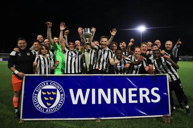 Peacehaven and Telsocmbe with the RUR Cup | Picture: Simon Roe for the Sussex FA