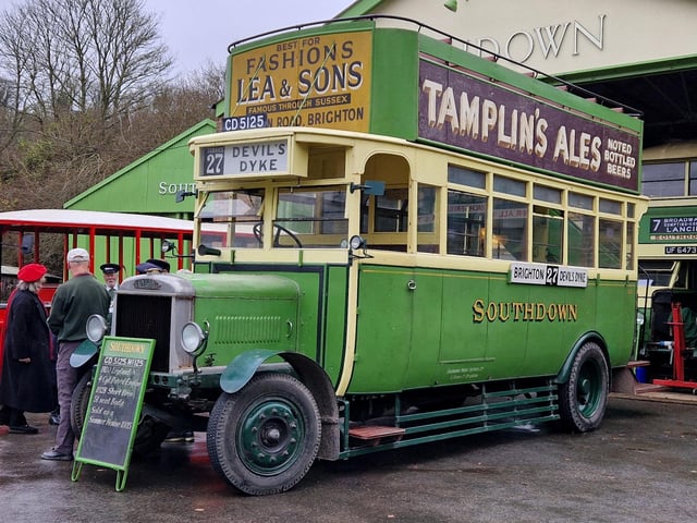 Mid-20th century Southdown buses and a replica Worthing Tramocar were shown to the Princess Royal by the bus group