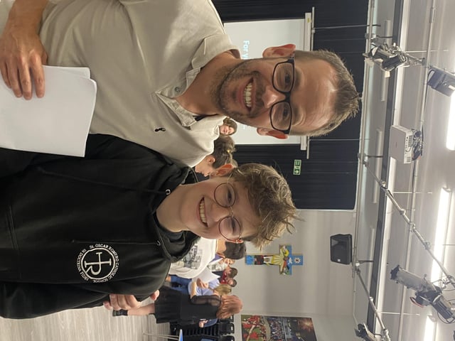 Headtecher Peter Byrne celebrates a student's results.