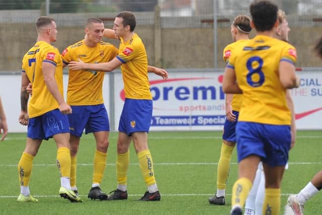 Lancing pictured celebrating a goal against Corinthian earlier in the season | Picture: Stephen Goodger