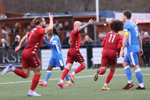 Kane Wills and Worthing celebrate his opener at Tonbridge | Picture: Mike Gunn - see more of Mike's pictures in the link above
