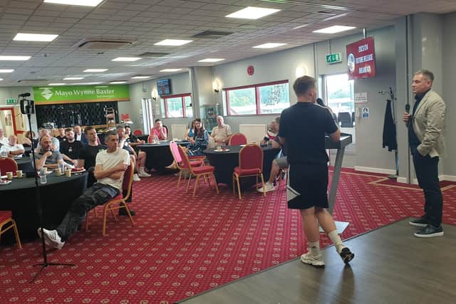 Crawley Town boss Scott Lindsey gave a live reaction to the fixture release to sponsors at a Q&A at the Broadfield Stadium. Picture: Mark Dunford/SussexWorld
