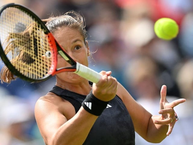 Russia's Daria Kasatkina returns to US player Madison Keys during their women's singles final tennis match at the Rothesay Eastbourne International tennis tournament in Eastbourne, southern England, on July 1, 2023. (Photo by Glyn KIRK / AFP) (Photo by GLYN KIRK/AFP via Getty Images):Action from Saturday's finals at the Rothesay tennis international at Devonshire Park, Eastbourne