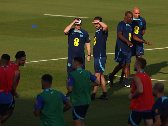 DOHA, QATAR - NOVEMBER 26: Gareth Southgate, Head Coach of England in action during the England Training Session at Al Wakrah Stadium on November 26, 2022 in Doha, Qatar. (Photo by Alex Pantling/Getty Images)