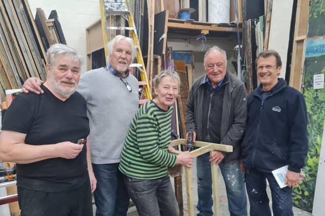 Famous five, from left, Len Shipton, Dave Otway, Liz Slough, Ron Lainchbury and Ray Viney get cracking on the set for Sheila's Island