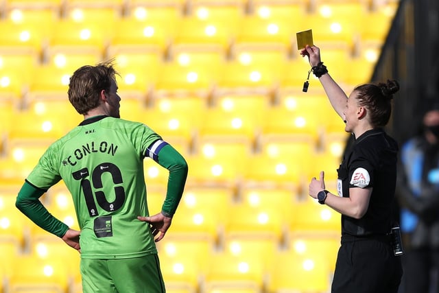 Rebecca Welch shows a yellow card to Tom Conlon.