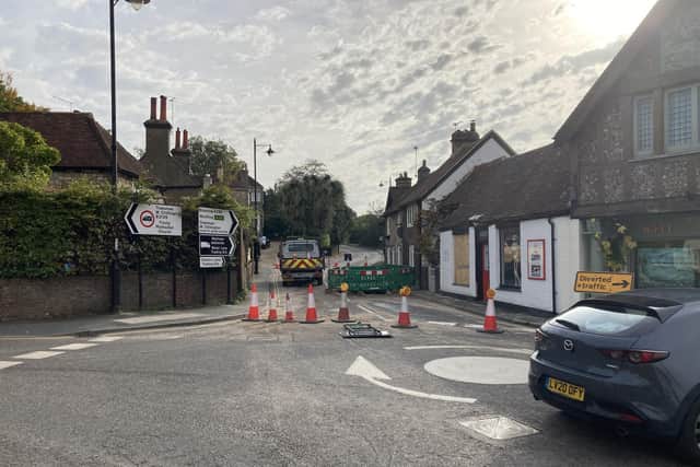 The Storrington road remained closed today 'with not a workman in sight'