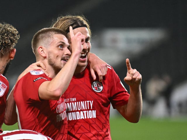 Crawley Town forward Danilo Orsi (9) scores a goal and celebrates with Crawley Town midfielder Ronan Darcy (10) 1-5 during the EFL Sky Bet League 2 play-off second leg match between Milton Keynes Dons and Crawley Town at stadium:mk, Milton Keynes, England on 11 May 2024.:Crawley Town hammered MK Dons 5-1 - and 8-1 on aggregate - to reach the League Two play-off final Wembley. Photographer Dennis Goodwin/Pro Sport Images was there to catch the action, the crowd and the celebrations