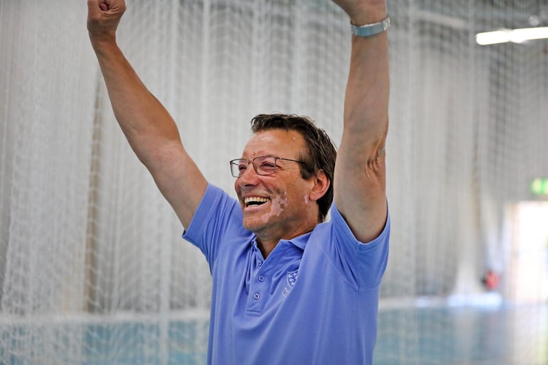 Sussex Cricket CEO Rob Andrew celebrates after taking a wicket in the new nets in Crawley.  Picture: Sussex Cricket