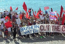 Hastings and St Leonards Clean Water Action Group, which was formed last year, staged a demonstration on the beach in St Leonards on Friday, August 26 in protest over sewage being discharged into the sea. Picture by Roberts Photographic