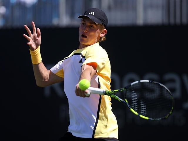 Henry Searle of Great Britain in action during his mens singles qualifier against Aleksandar Kovacevic of USA on day one of the Rothesay International Eastbourne at Devonshire Park (Photo by Charlie Crowhurst/Getty Images for LTA) : Qualifiers at Eastbourne's Rothesay International