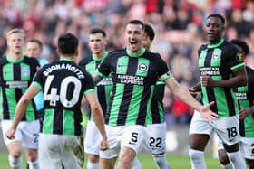 Brighton's Lewis Dunk celebrates after Facundo Buonanotte opens the scoring against Sheffield United