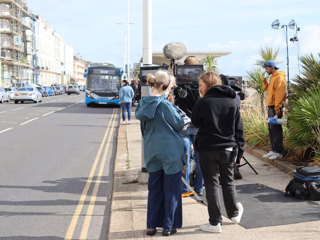 Film crews were in Hastings on Friday. Picture by Kevin Boorman