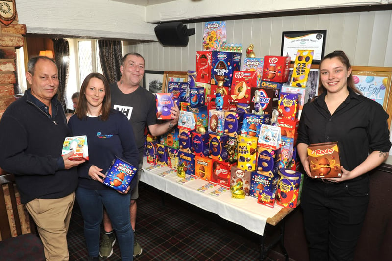 The Worthing Help Group teamed up with the Rose and Crown pub for an Easter egg collection for local children. Rosie and Chris Hodge (Rose and Crown) pictured with Jade Thompson (Advanced Power Services) and Shaun Howard (collection organiser)