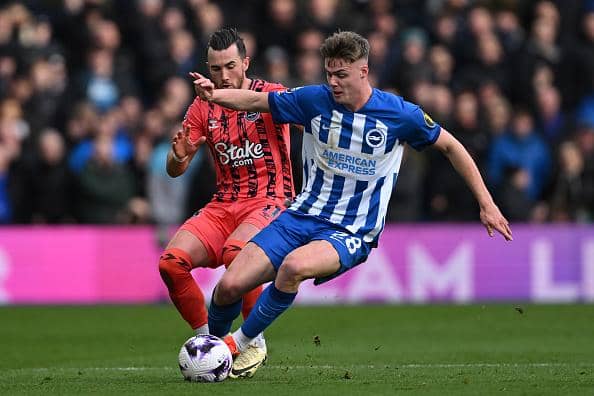 Evan Ferguson of Brighton is challenged by Jack Harrison of Everton during the Premier League match at the Amex Stadium last Saturday