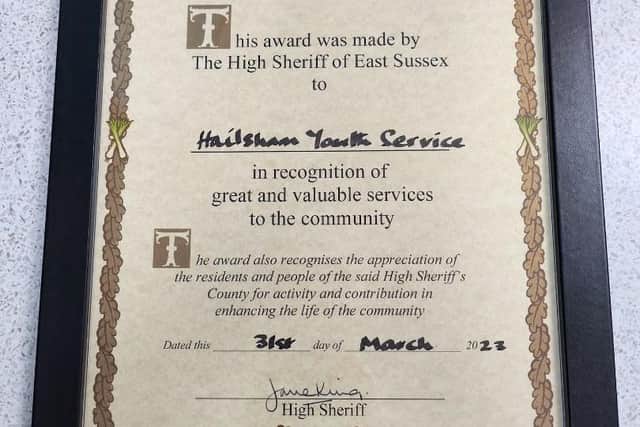 Award certificate from the High Sheriff's Office
