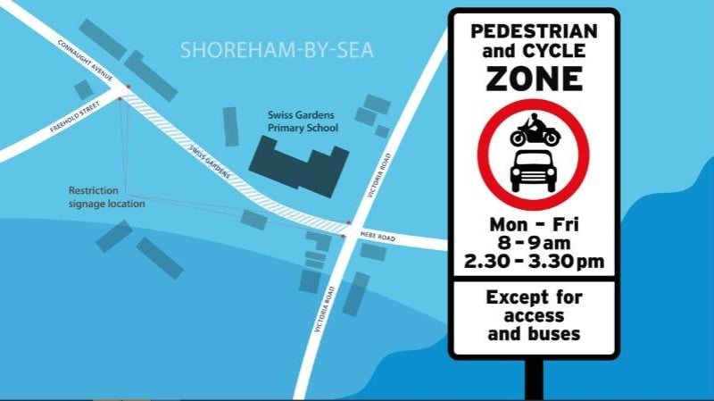 At Swiss Gardens Primary School in Shoreham, motor vehicles are prohibited between 8am to 9am and 2.30pm to 3.30pm. NB: buses are among permitted vehicles in this instance