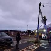 East Sussex Fire and Rescue Service attend a gull hanging from a cable at Fisherman's Green, Eastbourne. Photo: East Sussex WRAS