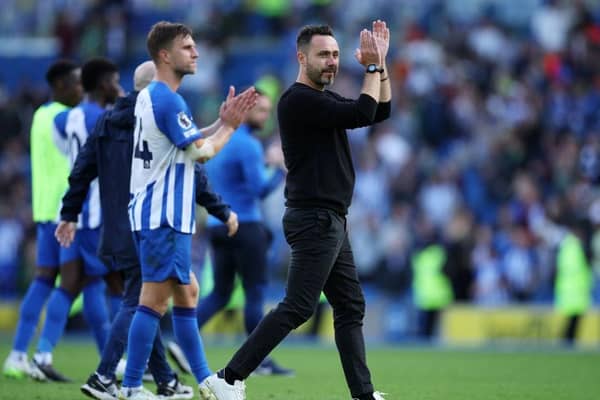 Roberto De Zerbi, Manager of Brighton & Hove Albion, applauds the fans after the team's victory in the Premier League match between Brighton & Hove Albion and AFC Bournemouth at American Express Community Stadium on September 24, 2023 in Brighton, England. (Photo by Eddie Keogh/Getty Images)