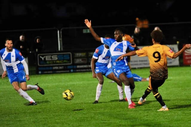 Devon Fender scores for Littlehampton against Sheppey - and he went on to score four v Wick in the Sussex Senior Cup | Picture: Stephen Goodger