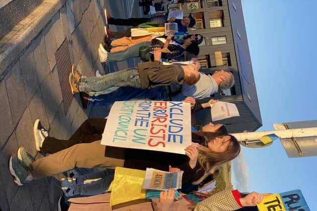 Ukrainians living in Lewes marched down the town’s high street to demonstrate against Russia’s latest air strike on their home country.